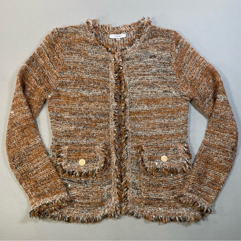 Sioni Boucle Open-Front Cardigan Blazer Jacket w/ Frayed Edges - Womens XS